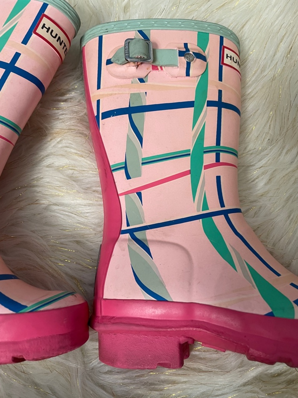 Hunter Pink and Teal Patterned Kids Rain Boots - Picture 5 of 13